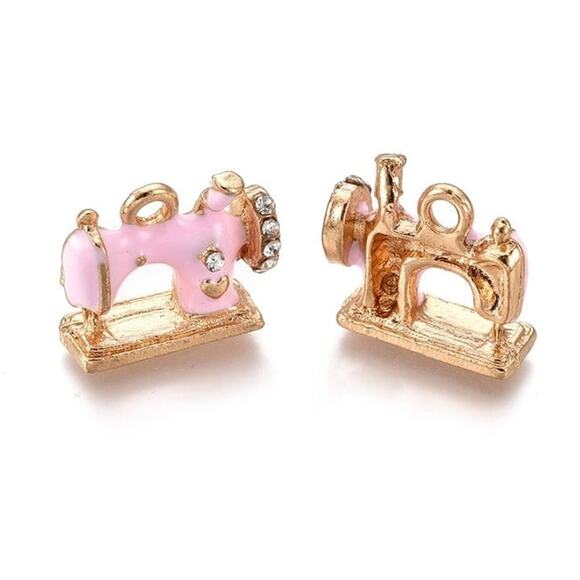 Jewelry - 10 pcs Alloy 16mm Enamel PINK Small Sewing Machine Charms w/ Crystal Rhinestones